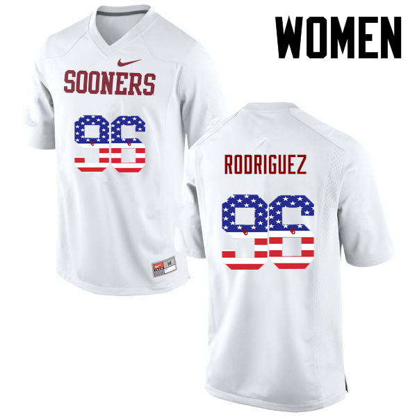 Women Oklahoma Sooners #96 Dalton Rodriguez College Football USA Flag Fashion Jerseys-White